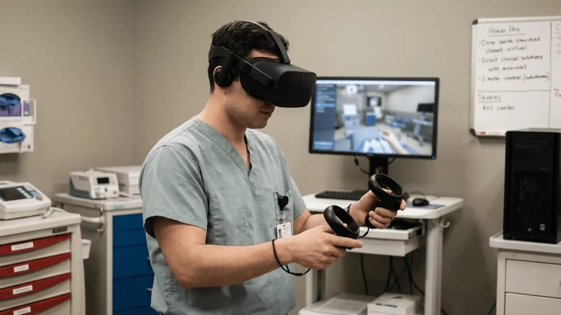 Person wearing VR headset and holding controllers in training room