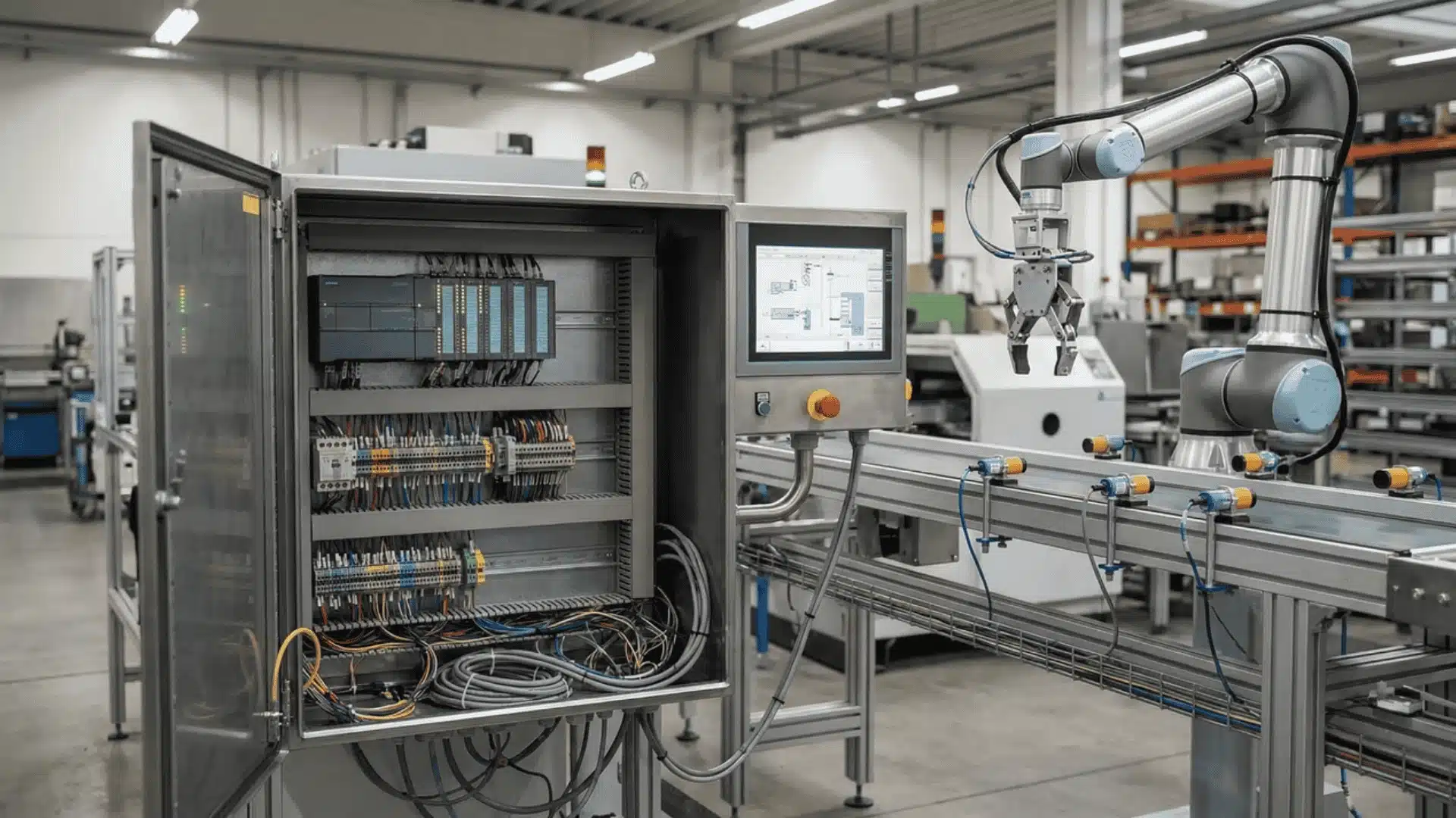 PLC control panel connected to sensors and robotic arm in factory