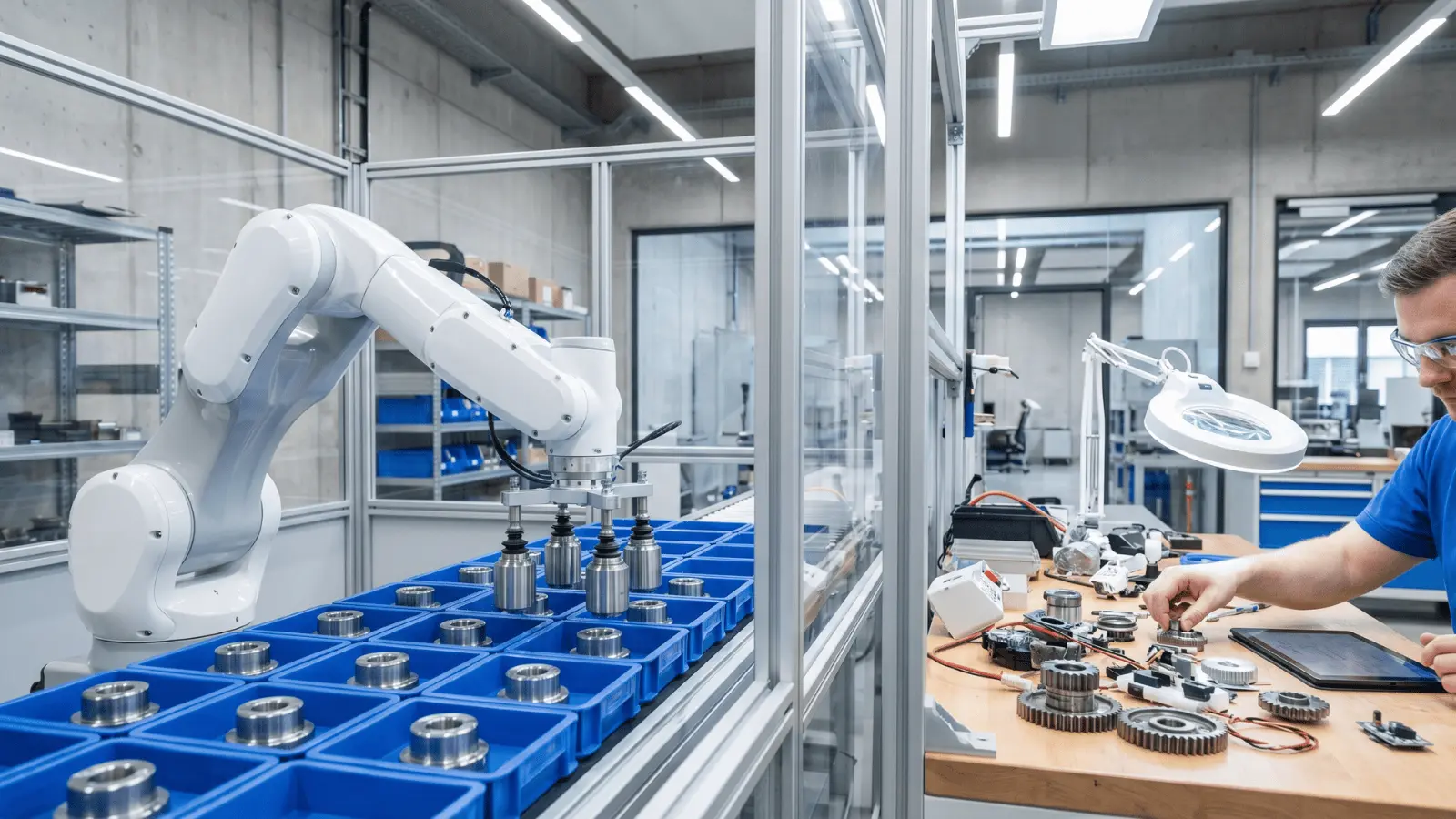 robot working on a factory line next to a human handling tools in a cluttered real-world setting