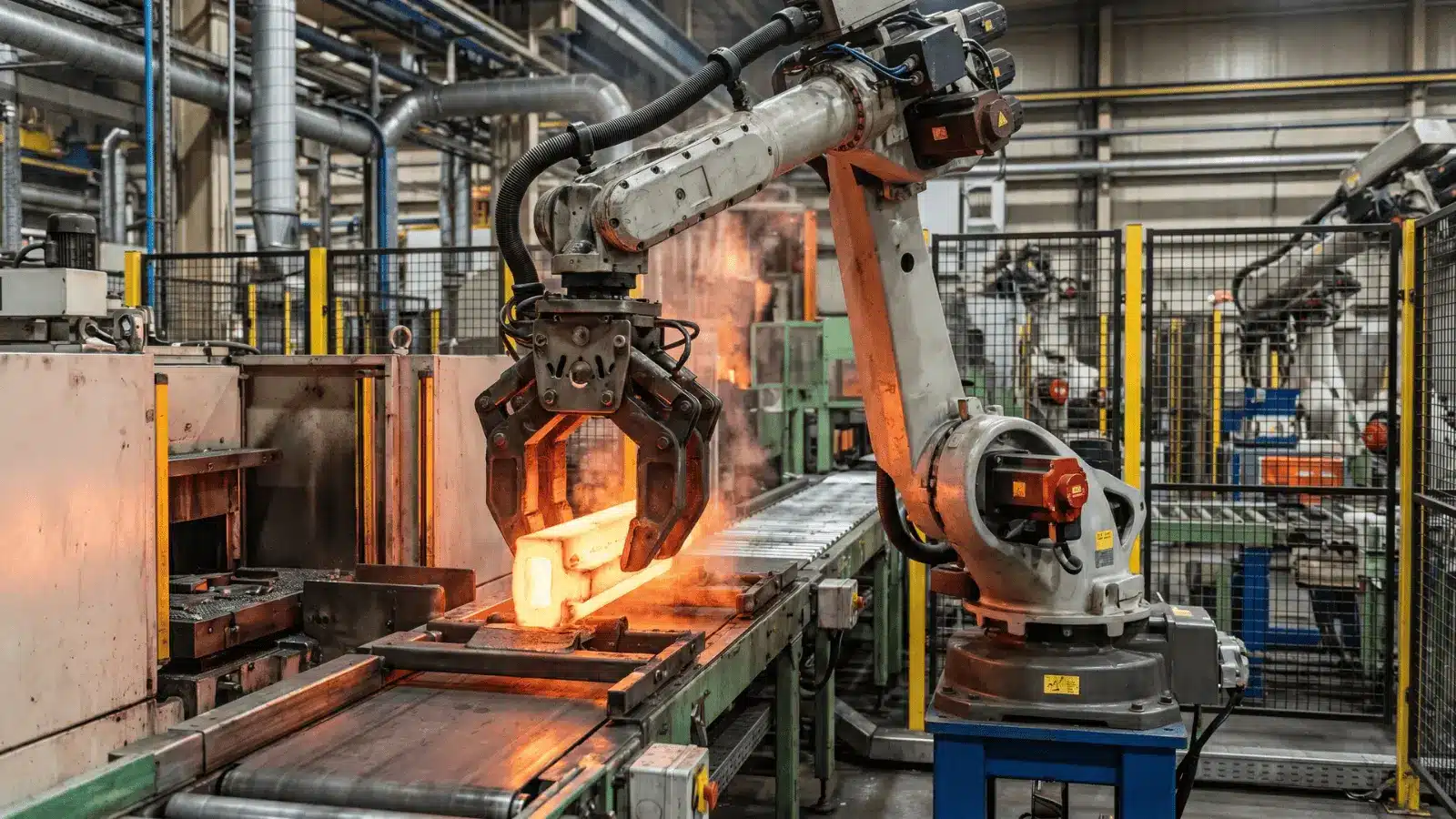 Robotic arm handling hot metal parts on a factory assembly line without human workers