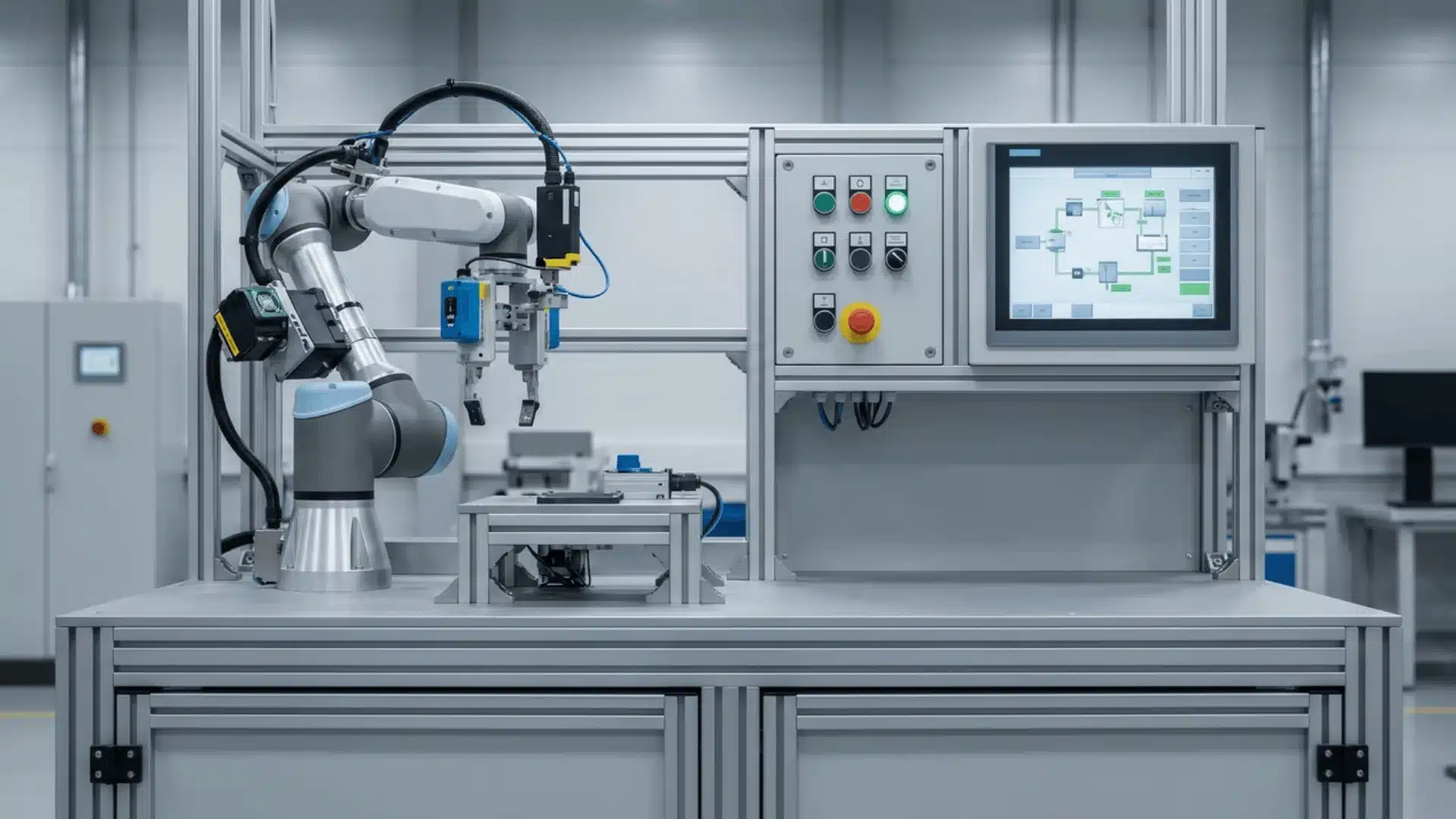 Robotic arm with sensors, control panel, and HMI screen at workstation