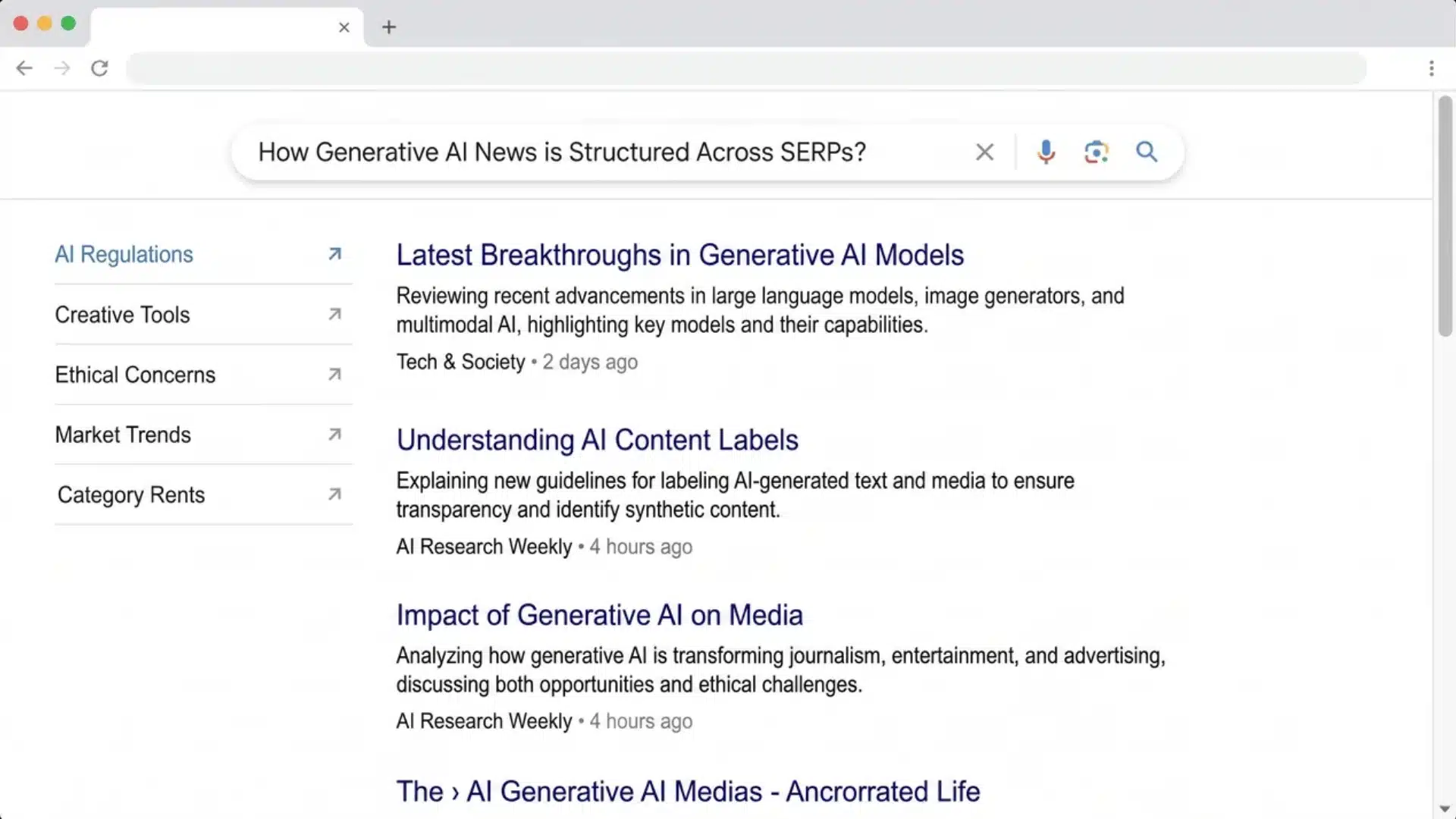 Search results page showing generative AI news articles and category links
