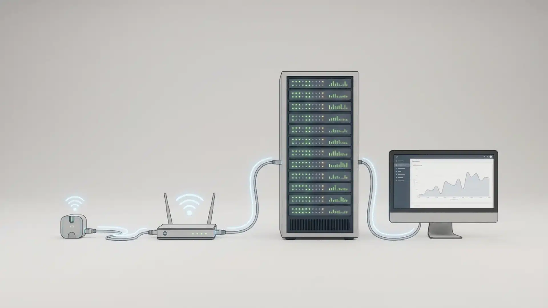 Sensor device linked to router, server rack, and monitor