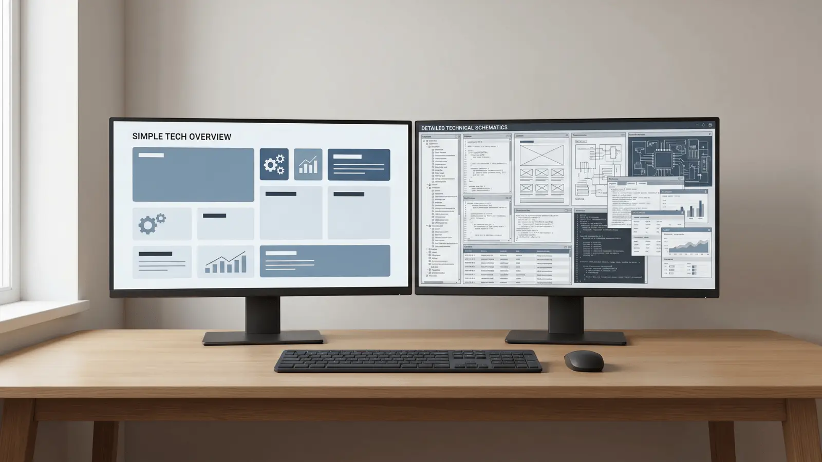 Two monitors side by side showing simple and detailed tech content layouts for comparison