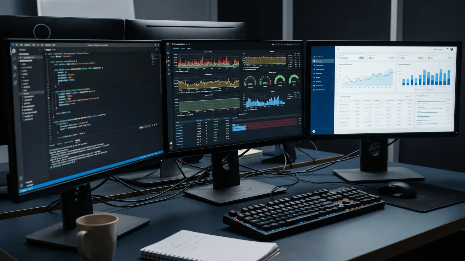 Computer screens displaying code, network data, and analysis tools on a workstation