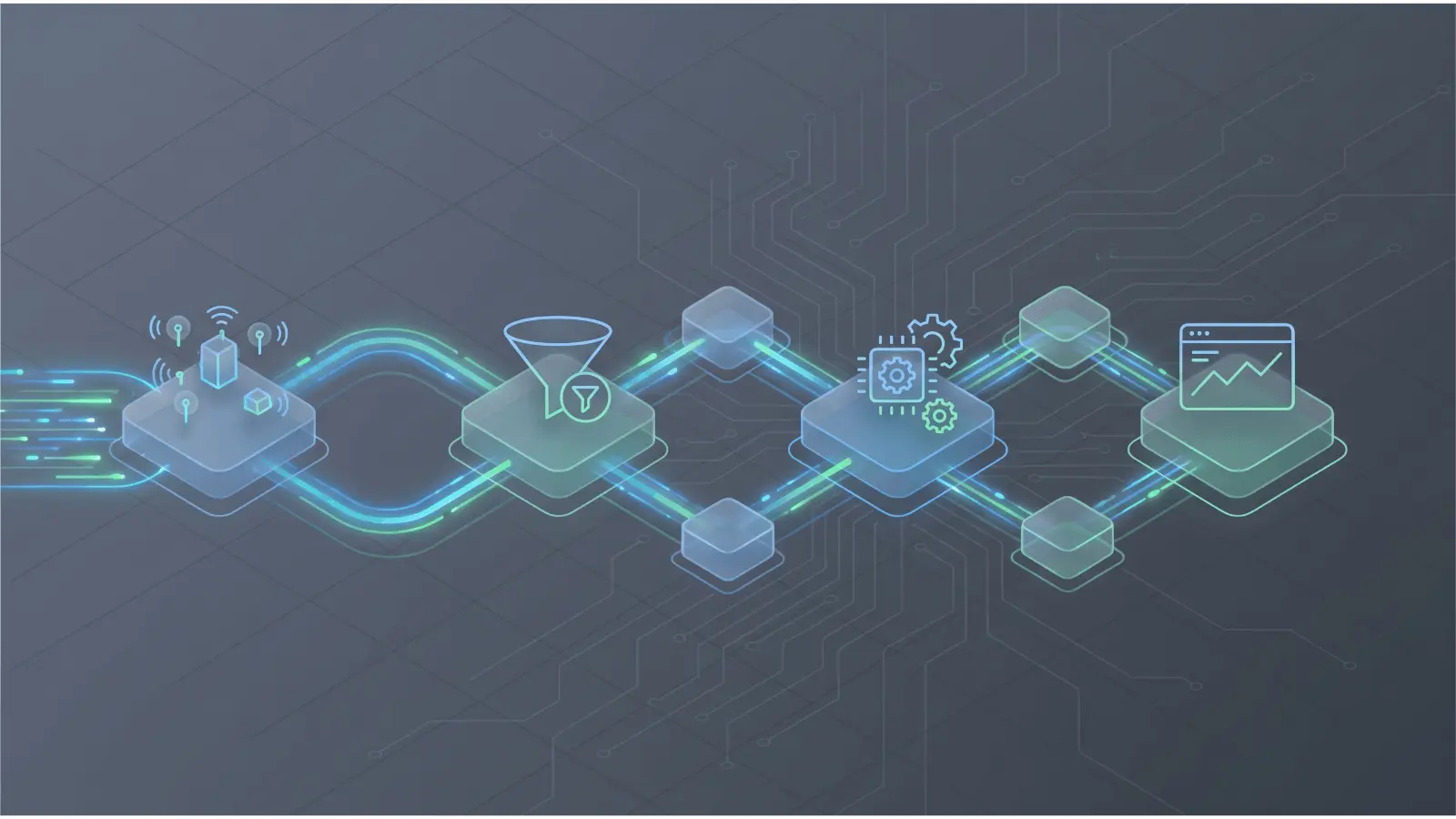 Connected data points flowing through stages representing collection, filtering, analysis, and reporting (1600 x 900 px)