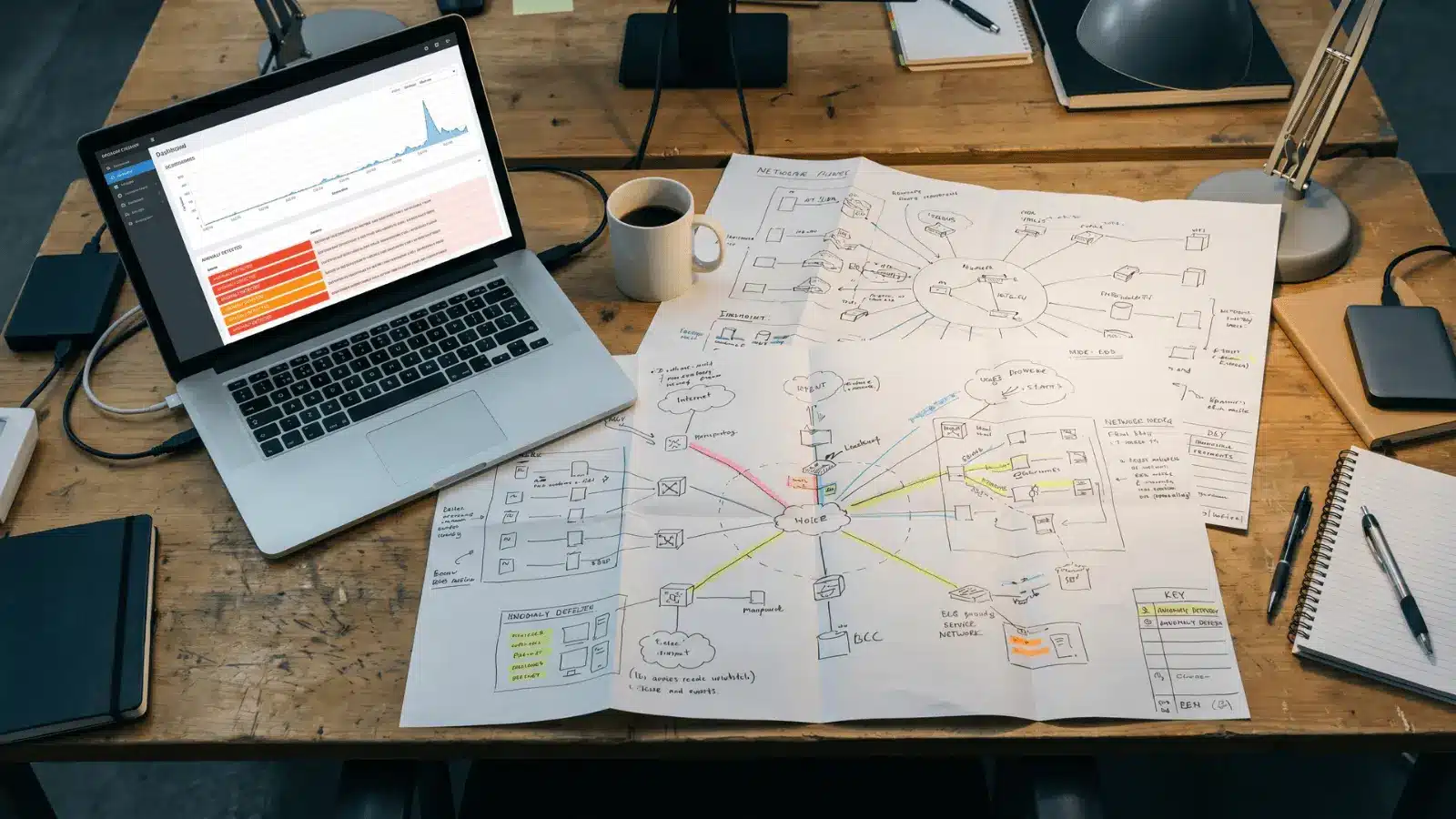 Desk with network diagrams and laptop displaying anomaly alerts