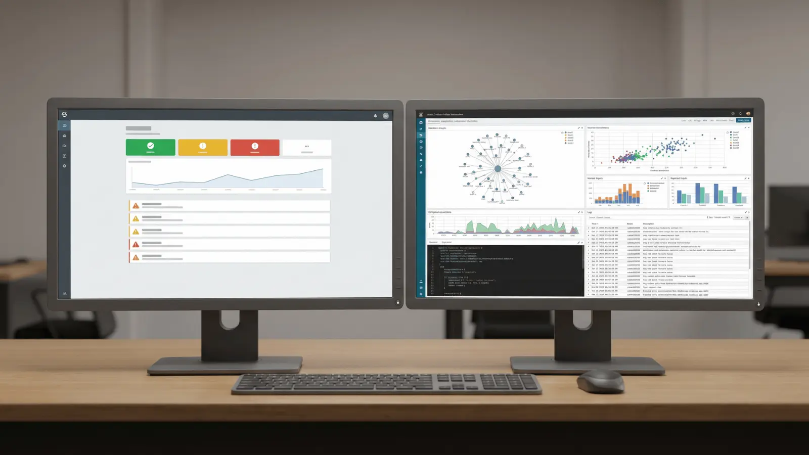Two workstation setups showing simple monitoring tools and advanced cybersecurity analysis systems