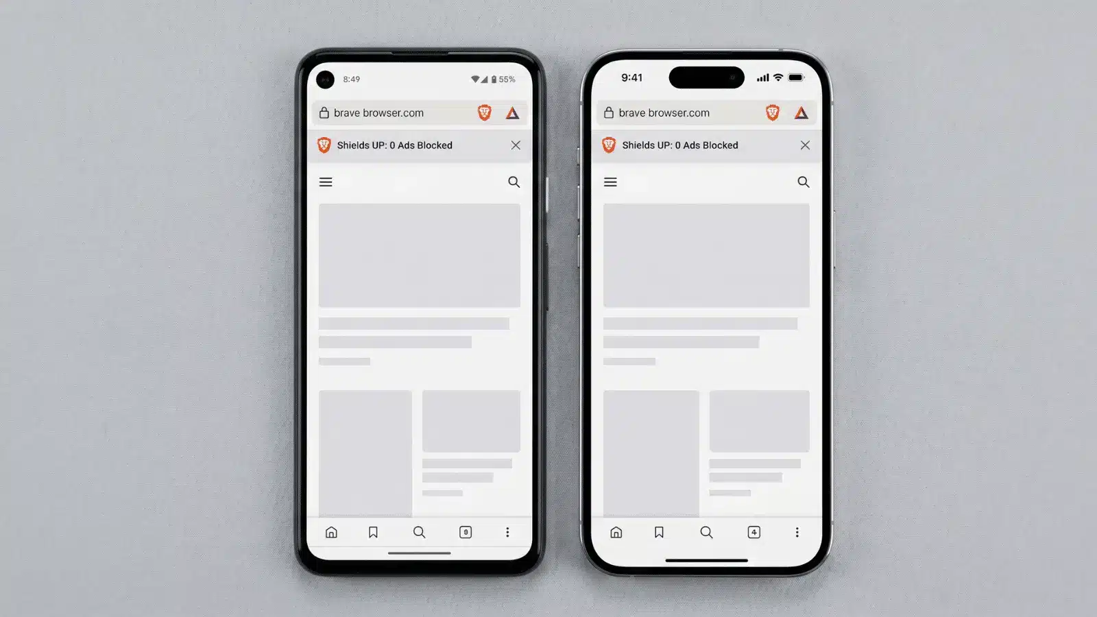 Android phone and iPhone displaying Brave Browser with privacy protection enabled