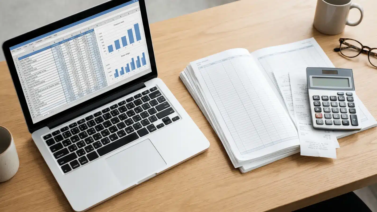 desk with invoices and calculator next to computer processing accounting data
