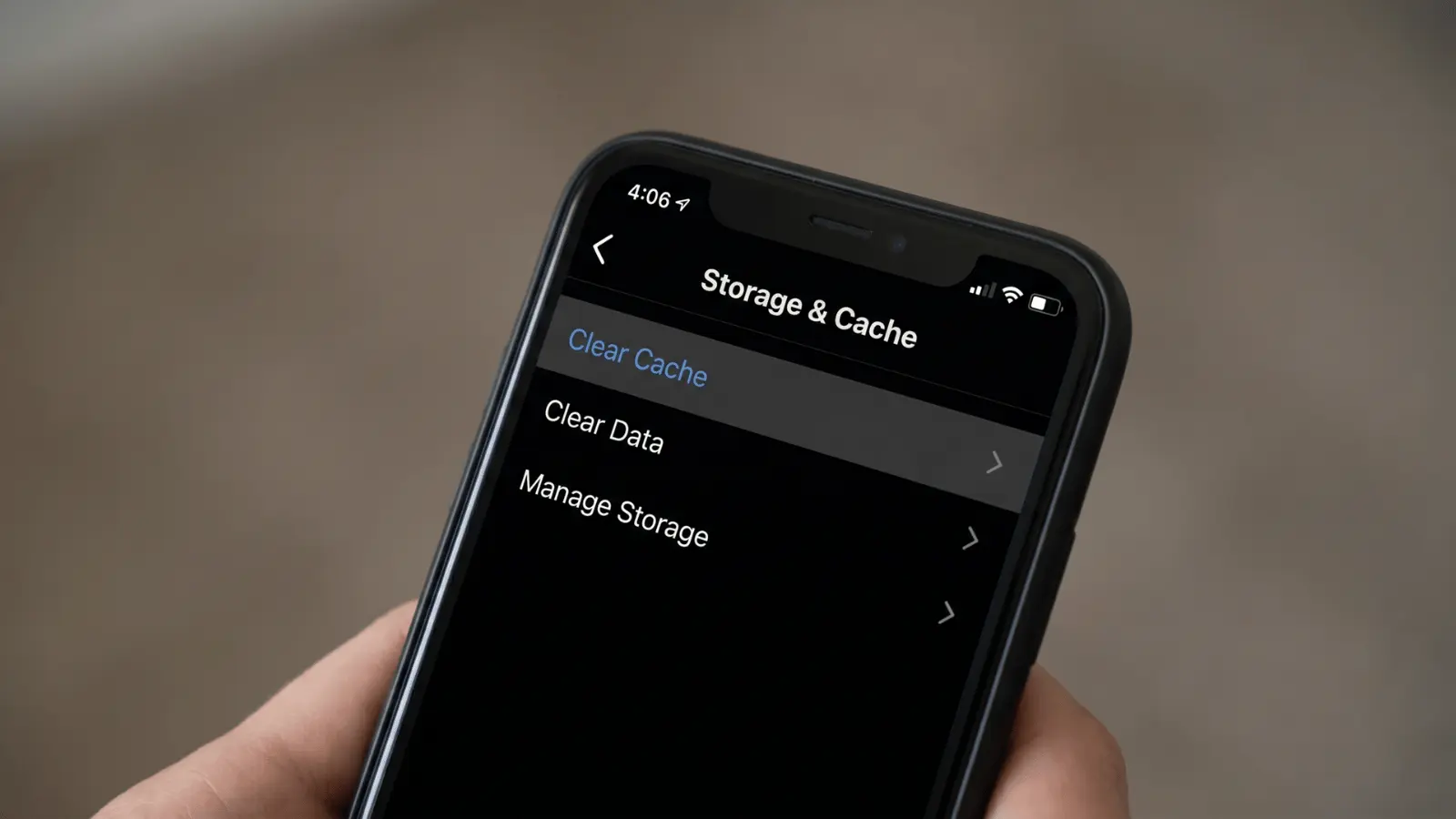 iPhone screen showing app settings with cache clearing option selected in TikTok or Instagram.
