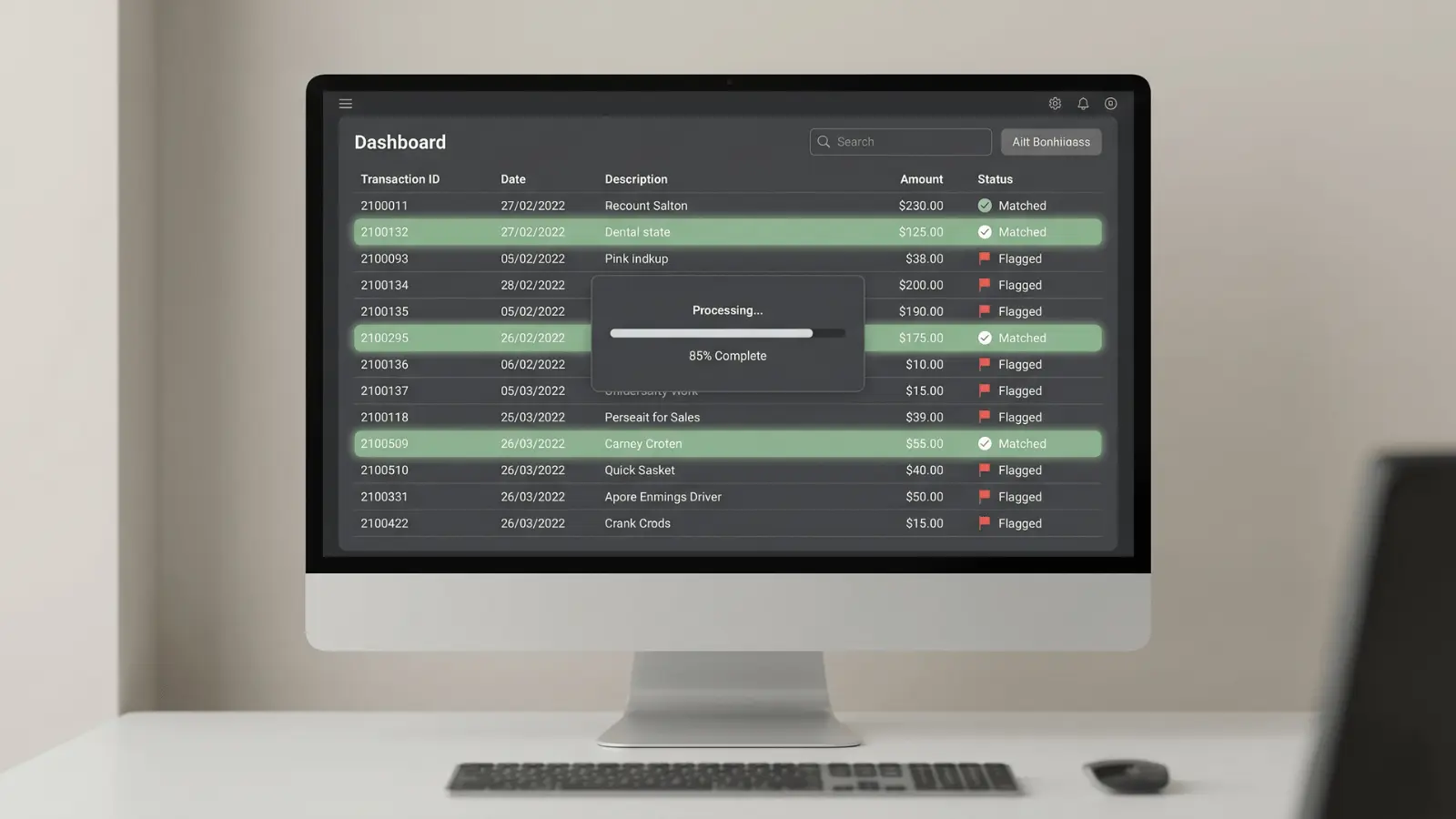 screen displaying processed transactions and matched financial records