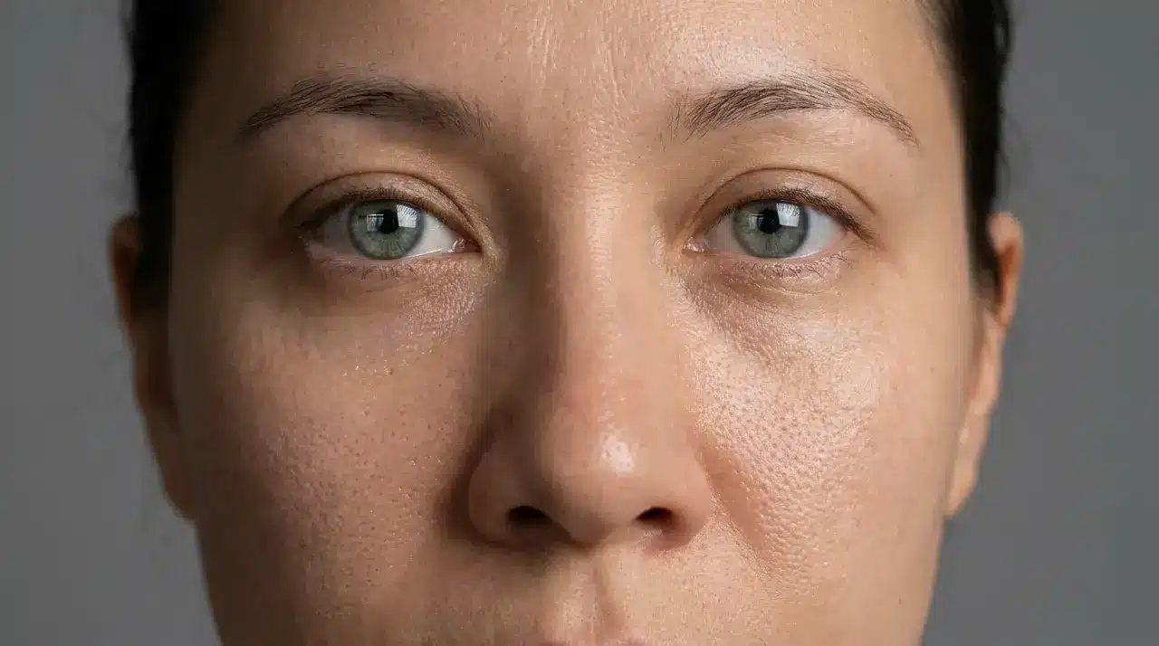 Close-up photorealistic portrait render showing sharp skin texture, surface reflections, and depth of field