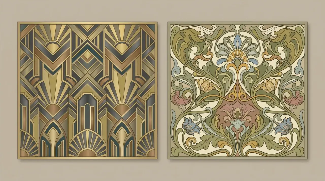 Two decorative panels showing geometric Art Deco metallic pattern and organic Art Nouveau curved plant-form pattern
