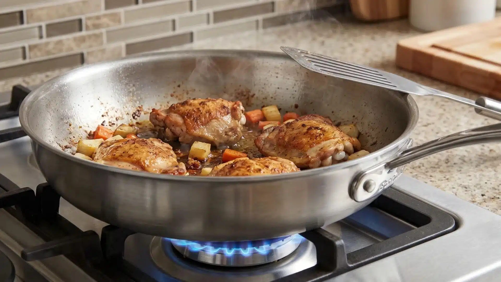 stainless steel skillet on stovetop for cooking