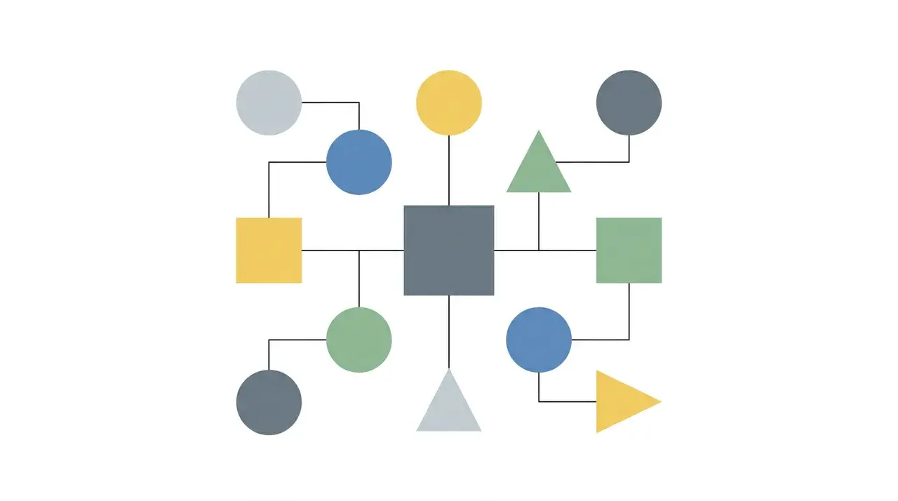 Flat design composition with clean lines, limited color palette, and negative space on a white background
