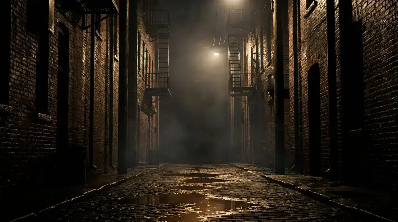 Shadowed urban alleyway at night with rim lighting, atmospheric haze, and high contrast between lit and dark areas