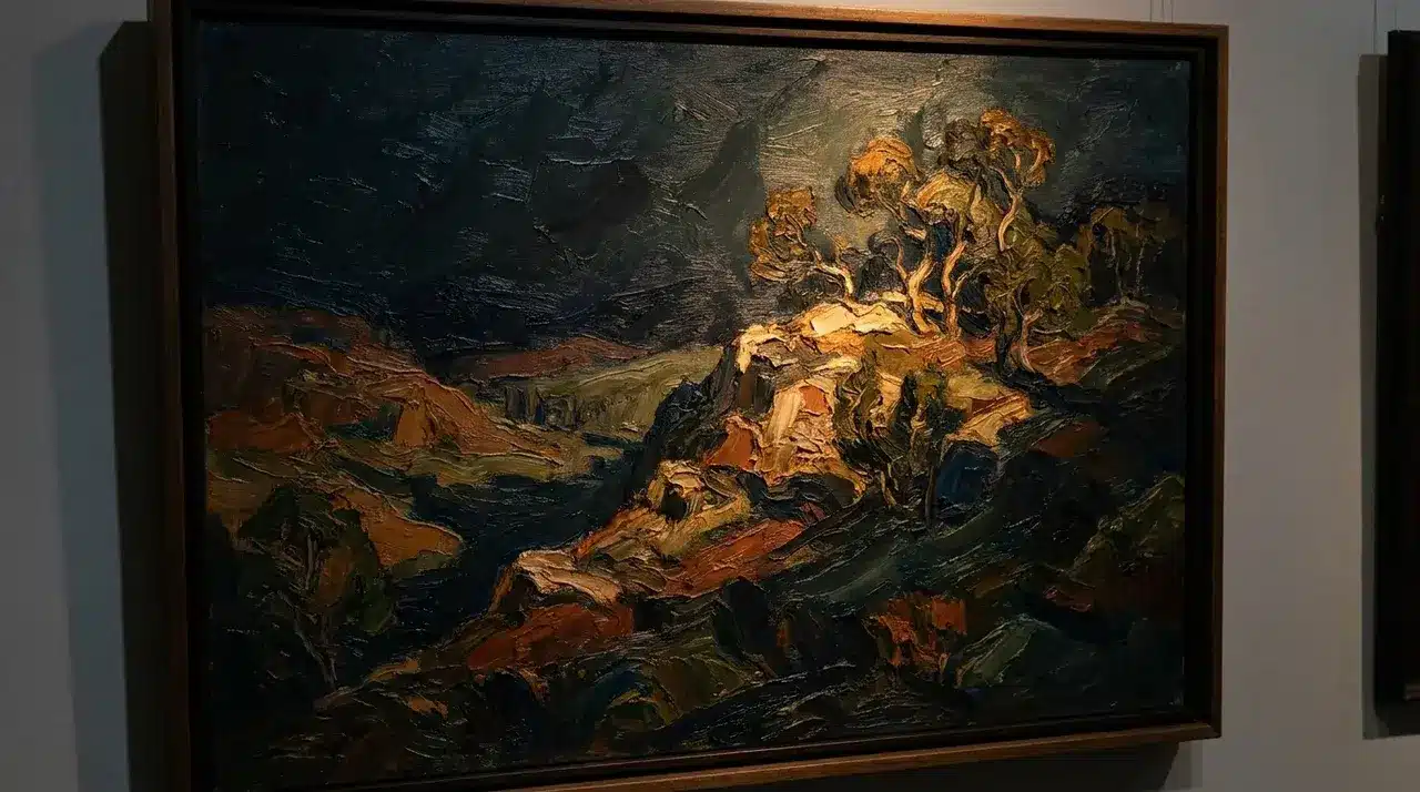 Landscape rendered in thick oil paint brushwork with rich color depth and dramatic light-shadow contrast