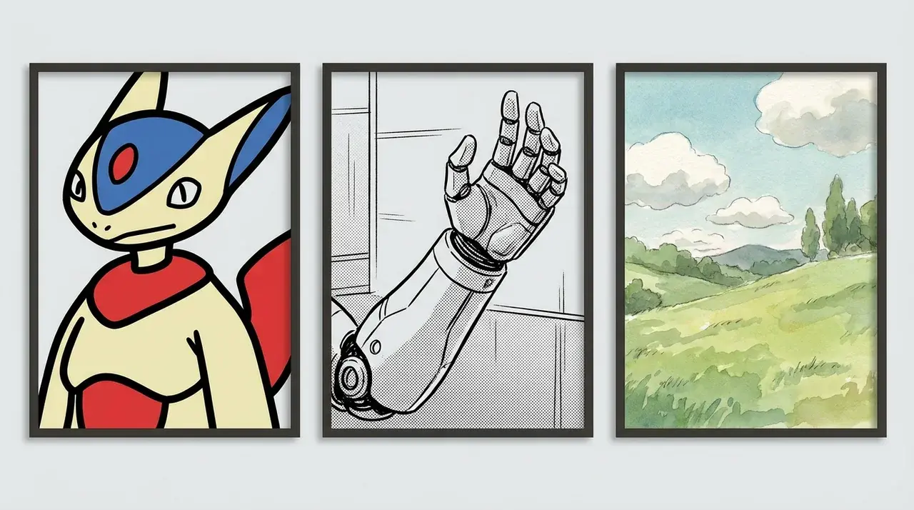 Three panels showing anime bold outlines, manga screentone linework, and a soft Ghibli-style painted landscape