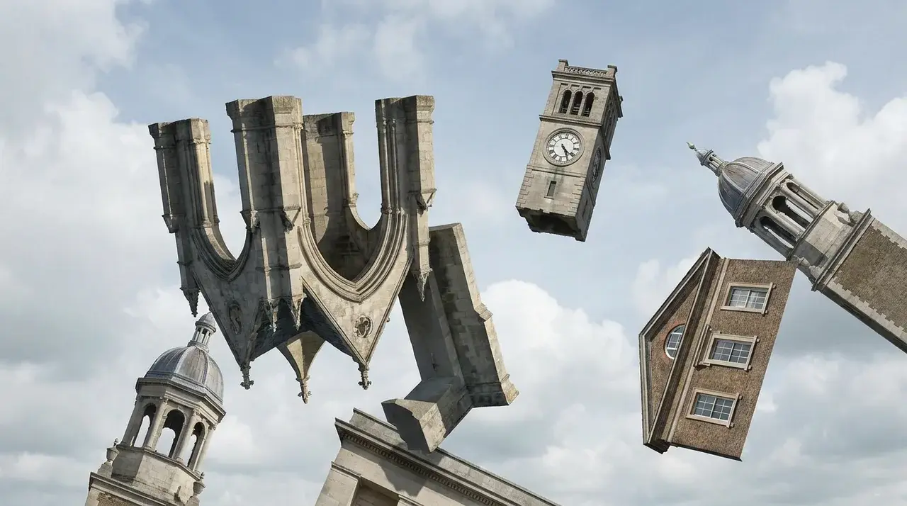 Surrealist landscape with floating architecture and inverted surfaces arranged in spatially impossible configurations