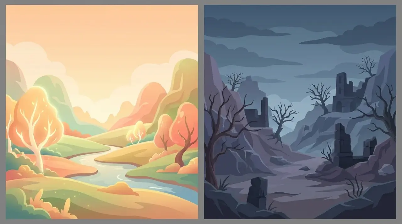 Two panels comparing a warm bright fantasy landscape and a muted dark fantasy landscape with heavy shadow