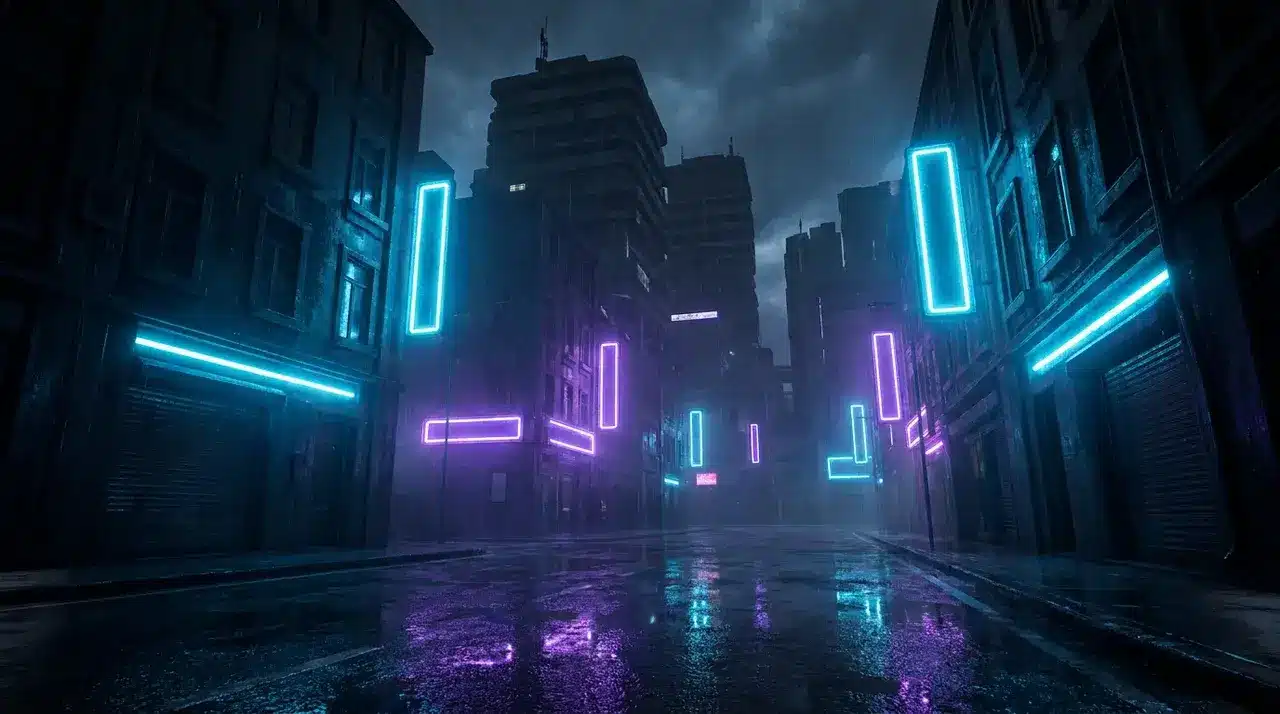 Dense cyberpunk urban street at night with neon lighting, rain-slicked surfaces, and electric blue and purple tones