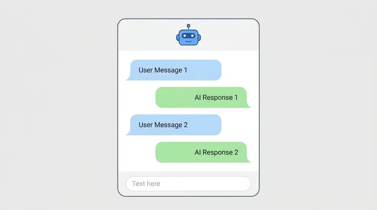 Chat interface outline with alternating user and AI response message bubbles and a robot icon at the top