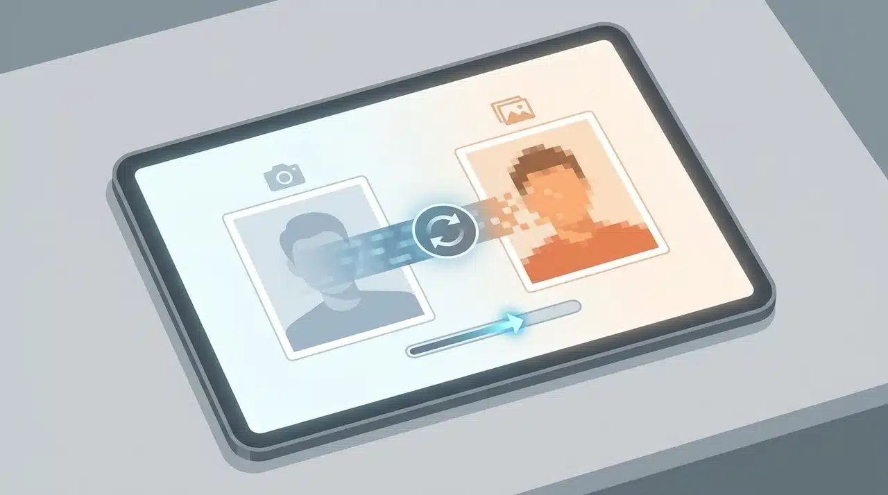 Two portrait slots on a digital interface showing a face swap process in progress