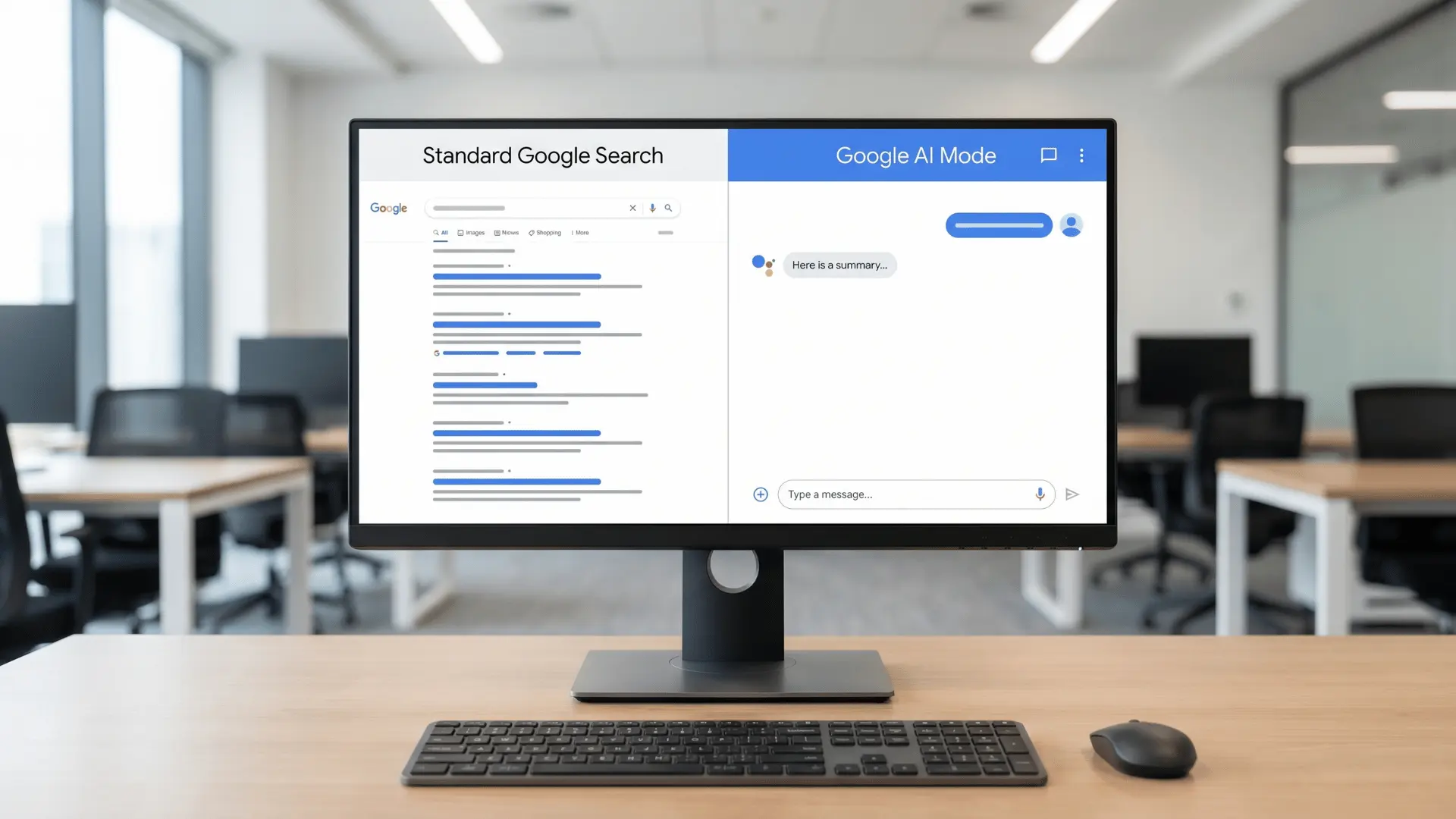 Comparison of standard Google Search links and Google AI Mode conversational interface on desktop