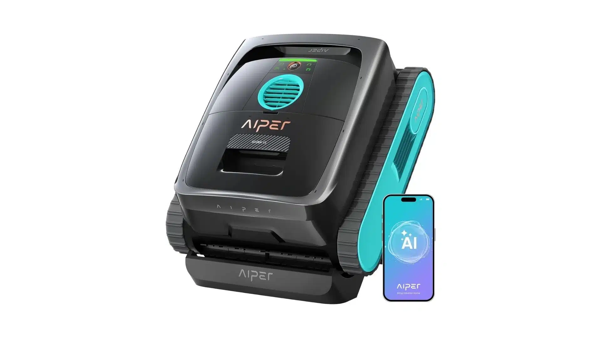 Compact robotic pool cleaner with dual-track system and integrated mobile app control unit shown beside pool cleaning setup