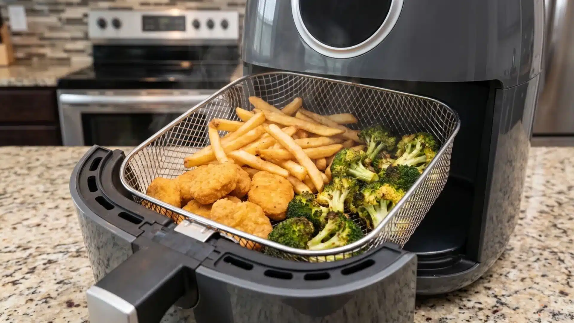 air fryer basket with cooked food inside