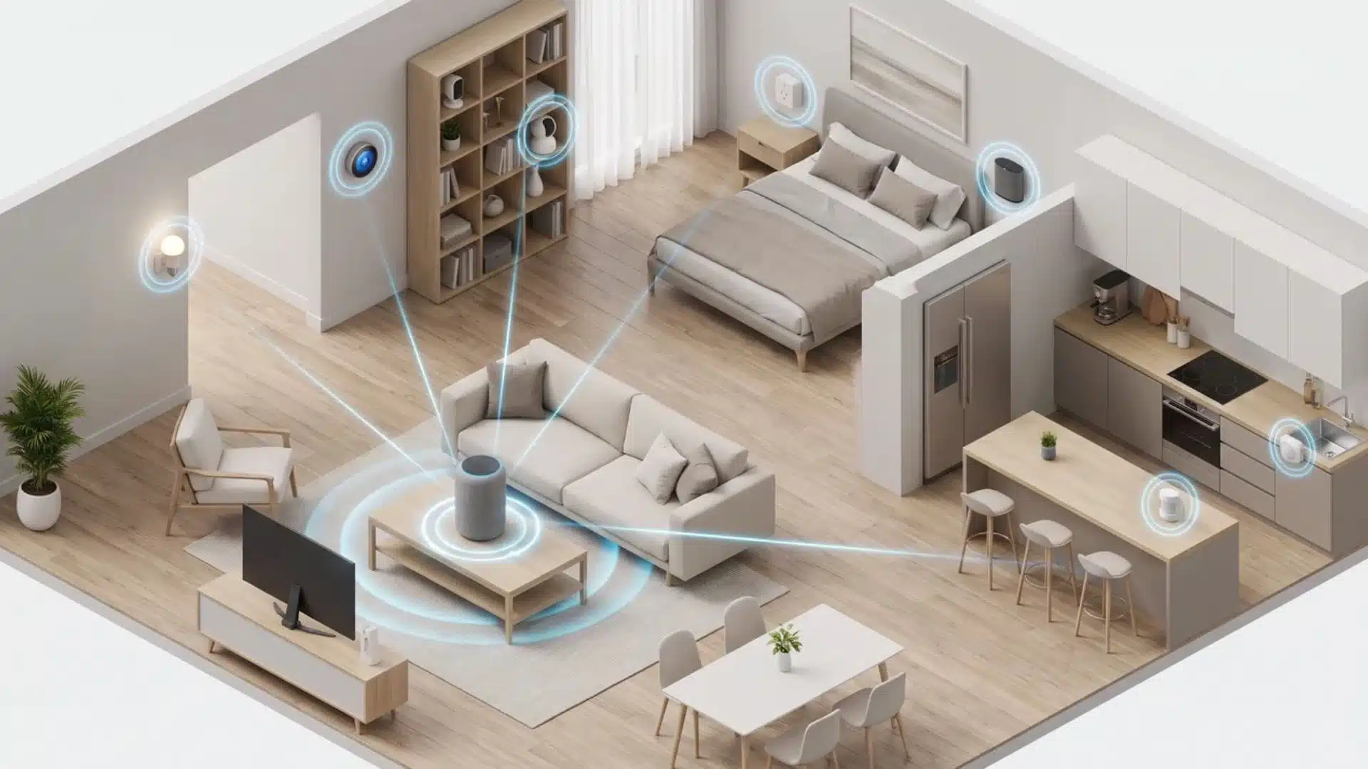 smart home devices from multiple brands connected through a central voice assistant hub