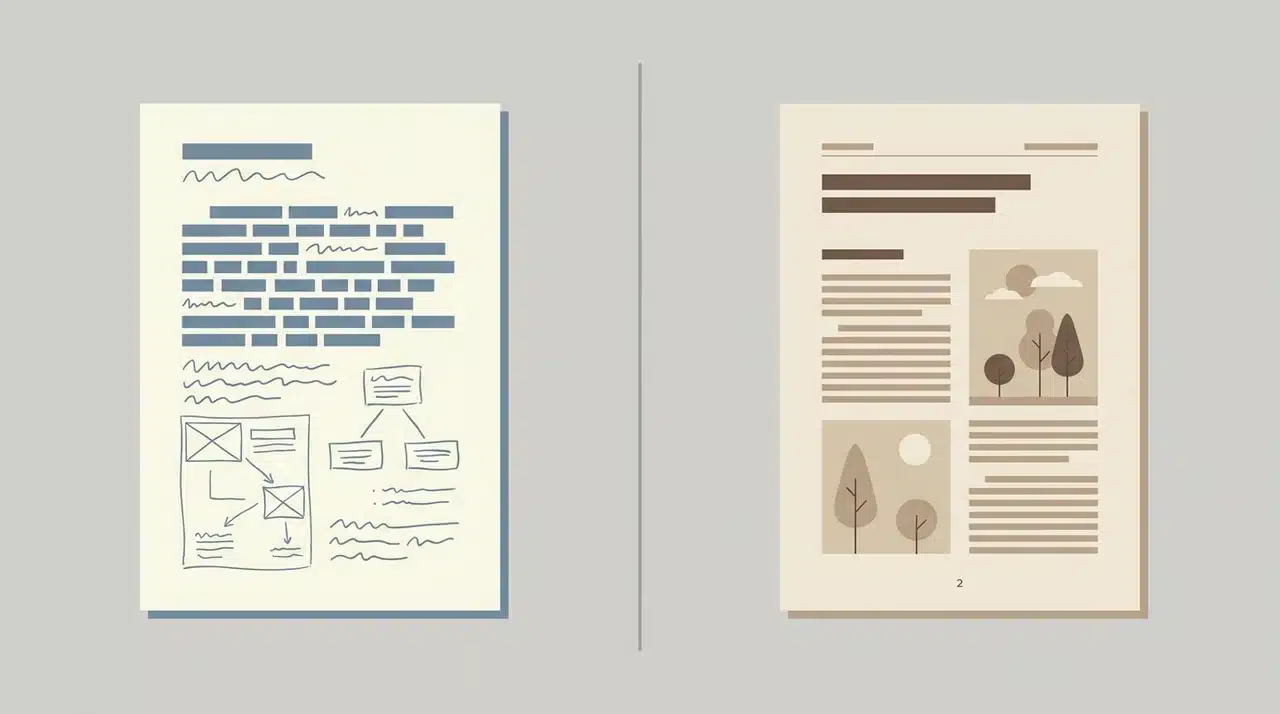 Split panel showing draft document on left and formatted book page layout on right.