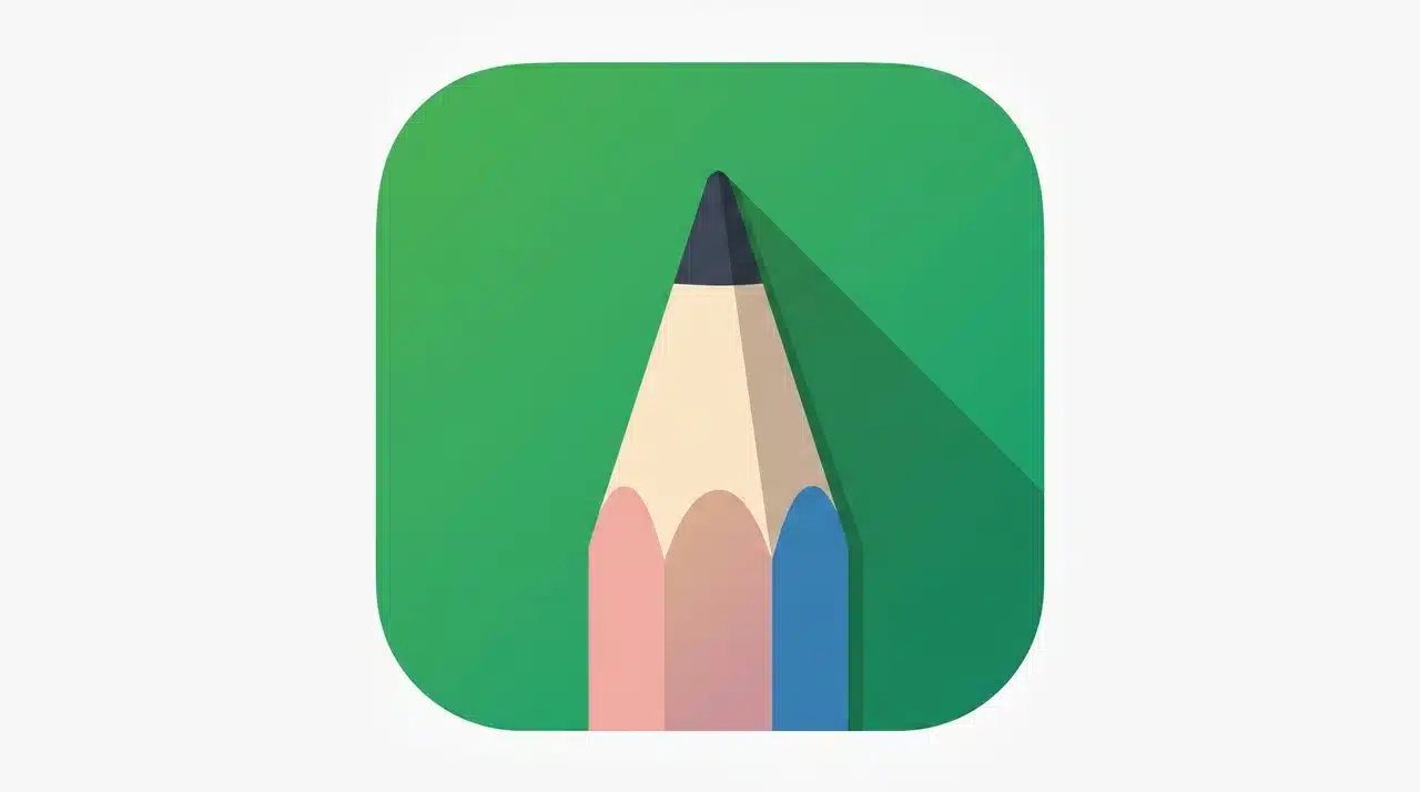 Autodesk Sketchbook app icon displaying two pencil tips in pink and blue on a green rounded square background