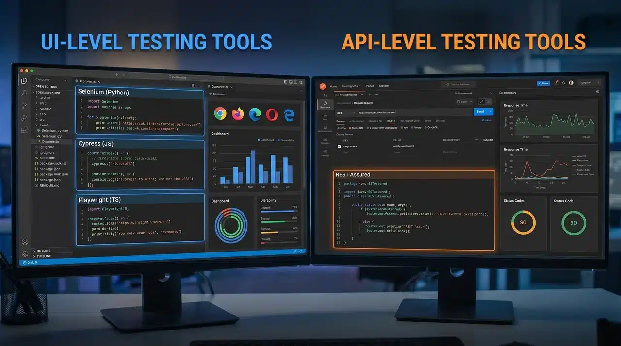 UI and API smoke testing tools displayed with dashboards and code interfaces.