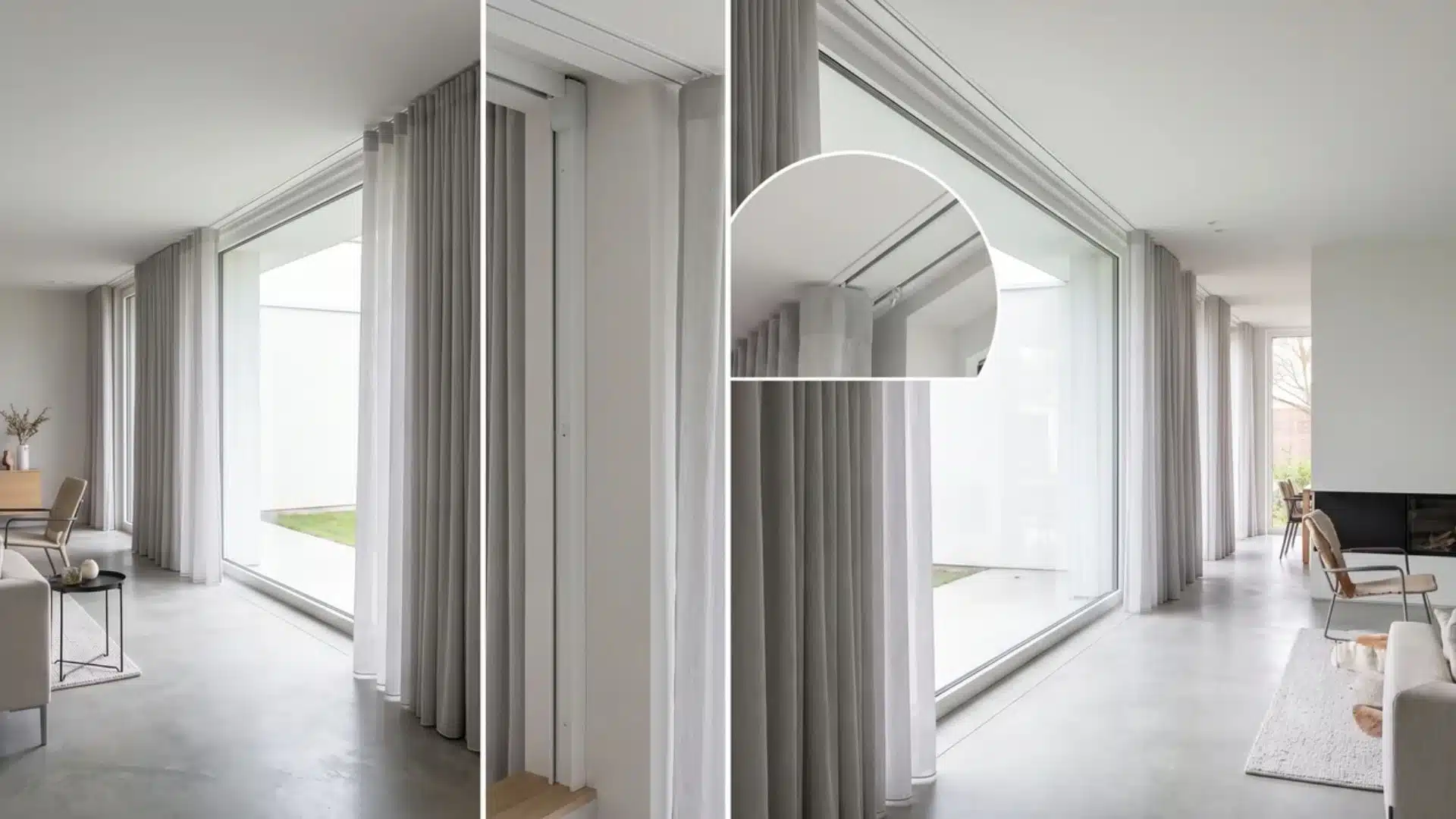 motorized curtain system integrated into ceiling mounted track above window