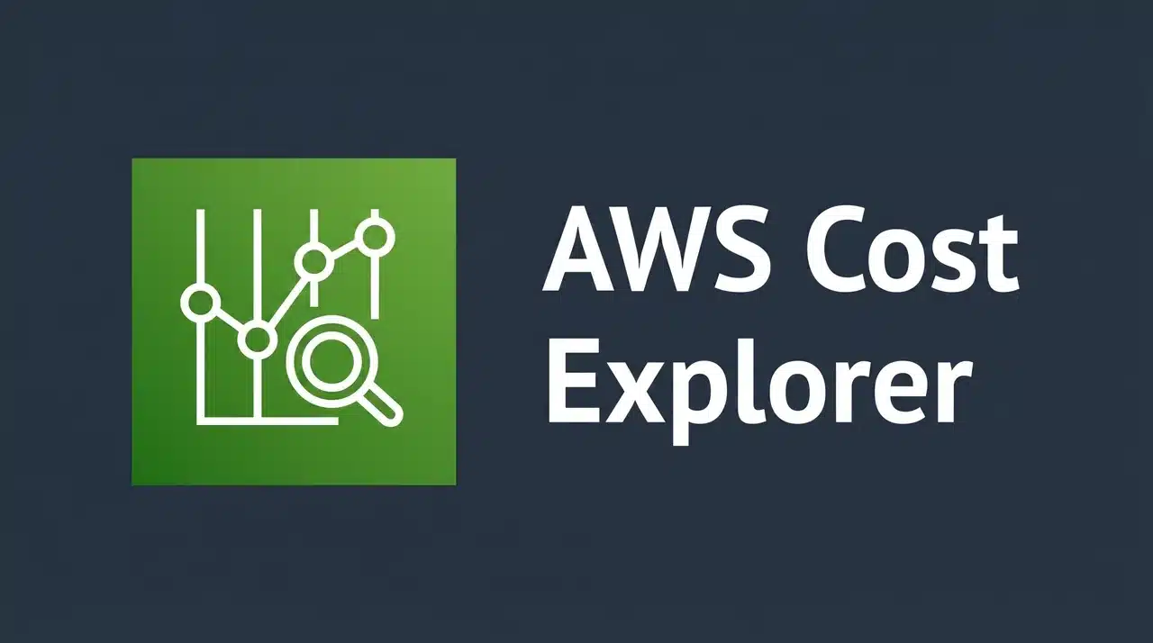 AWS Cost Explorer logo featuring a green square icon with a white line graph and magnifying glass illustration alongside the AWS Cost Explorer wordmark in white text on a dark navy background.