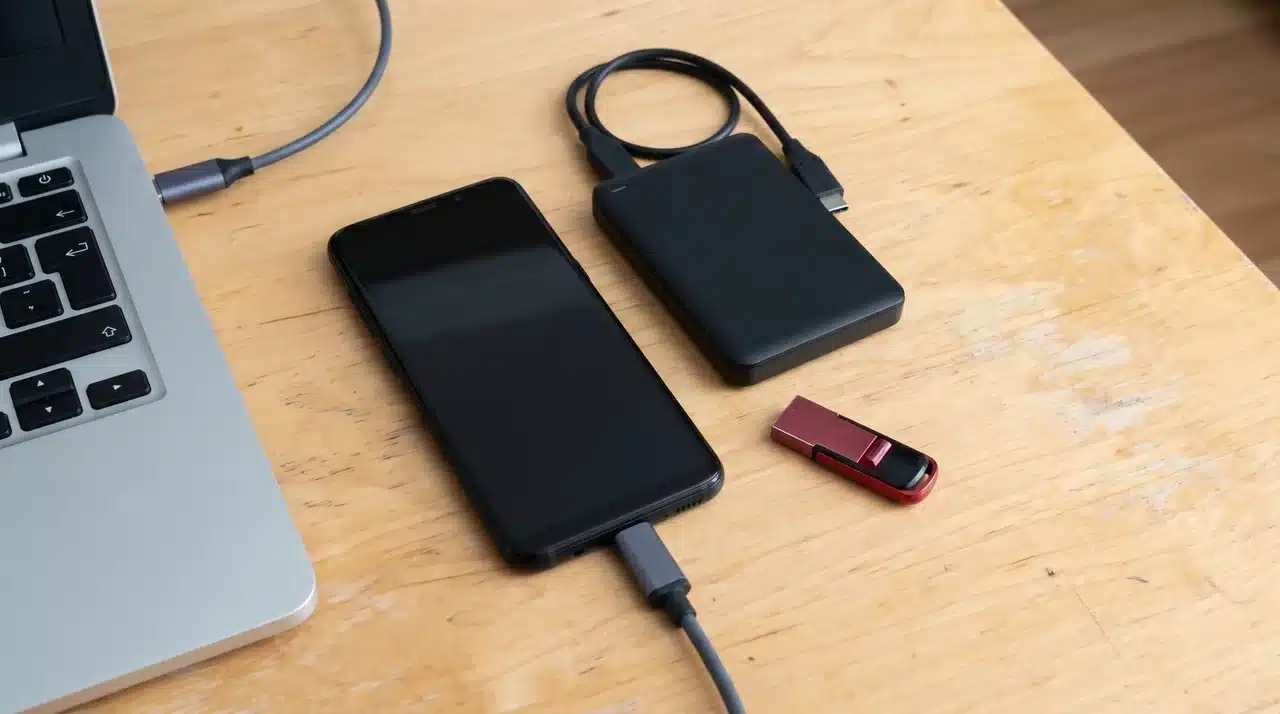 Android phone and laptop connected by USB cable with an external hard drive and USB flash drive placed on the same desk surfaceYou said: Meta description