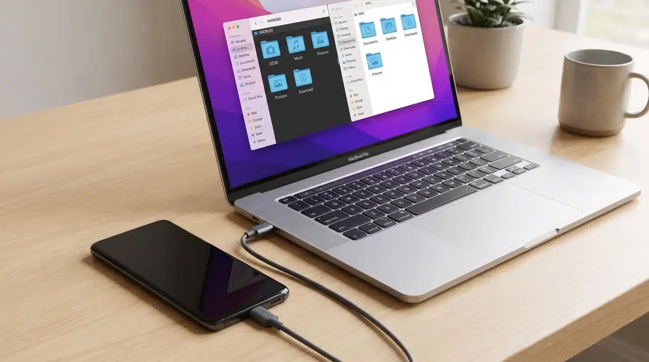 USB cable connecting an Android phone to a Mac with a split file transfer window visible on screen
