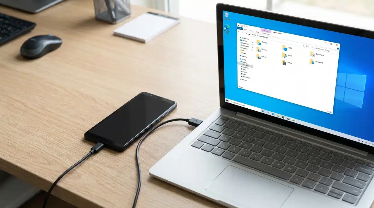 USB cable connecting an Android phone to a laptop with a file explorer window open on screen