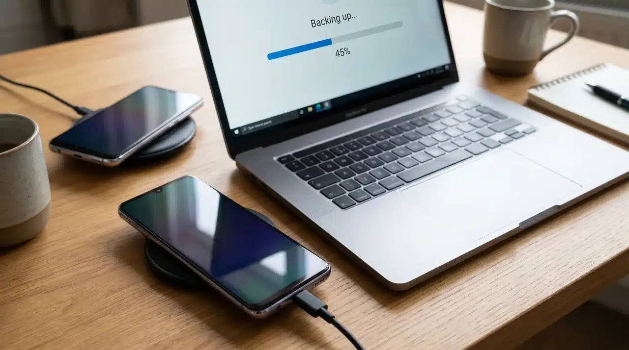 Android phone connected via USB to a laptop showing a backup progress screen with a second phone placed nearby