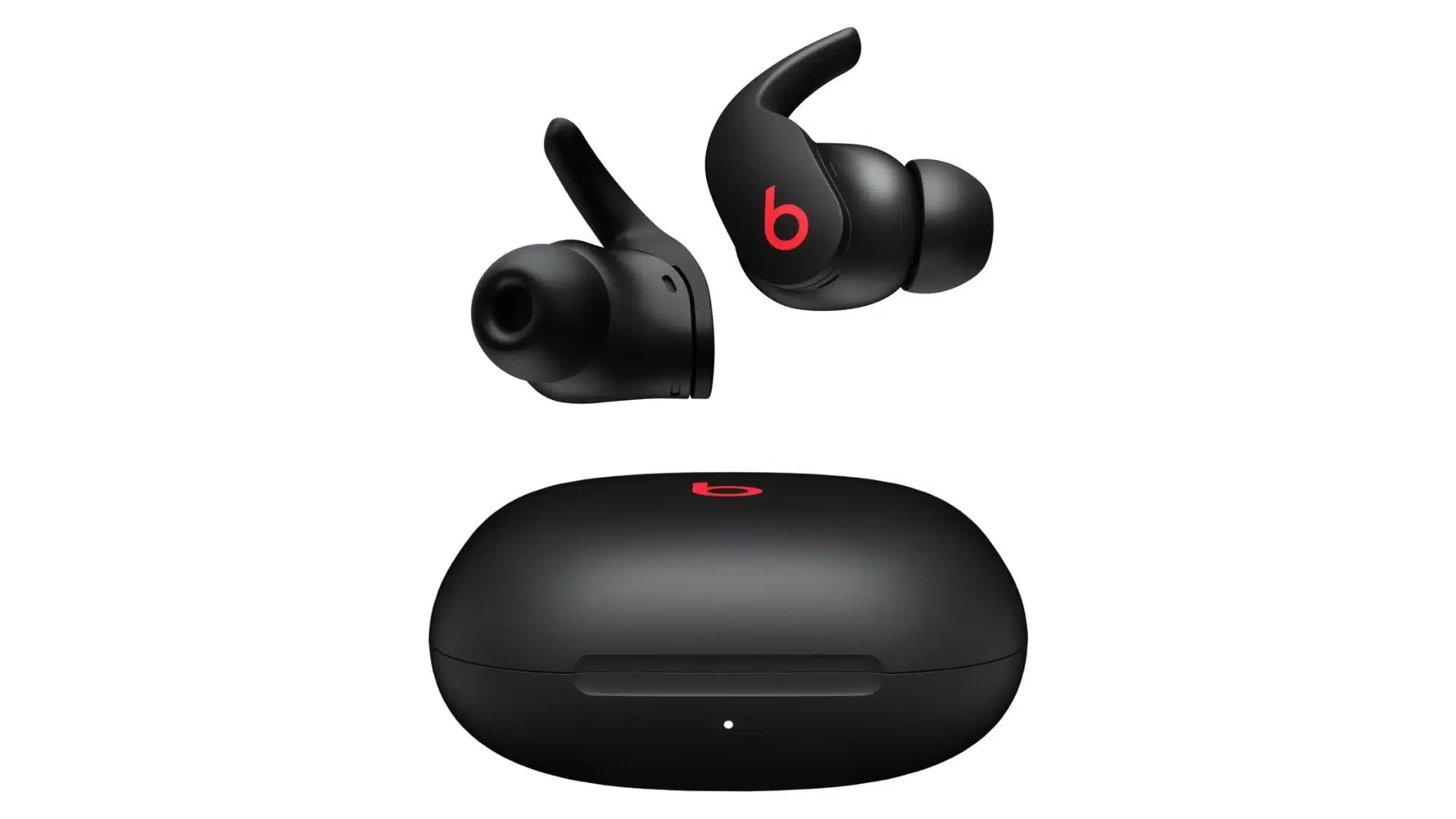 wireless earbuds with charging case open showing earbuds seated in compact case with battery indicator on dark background