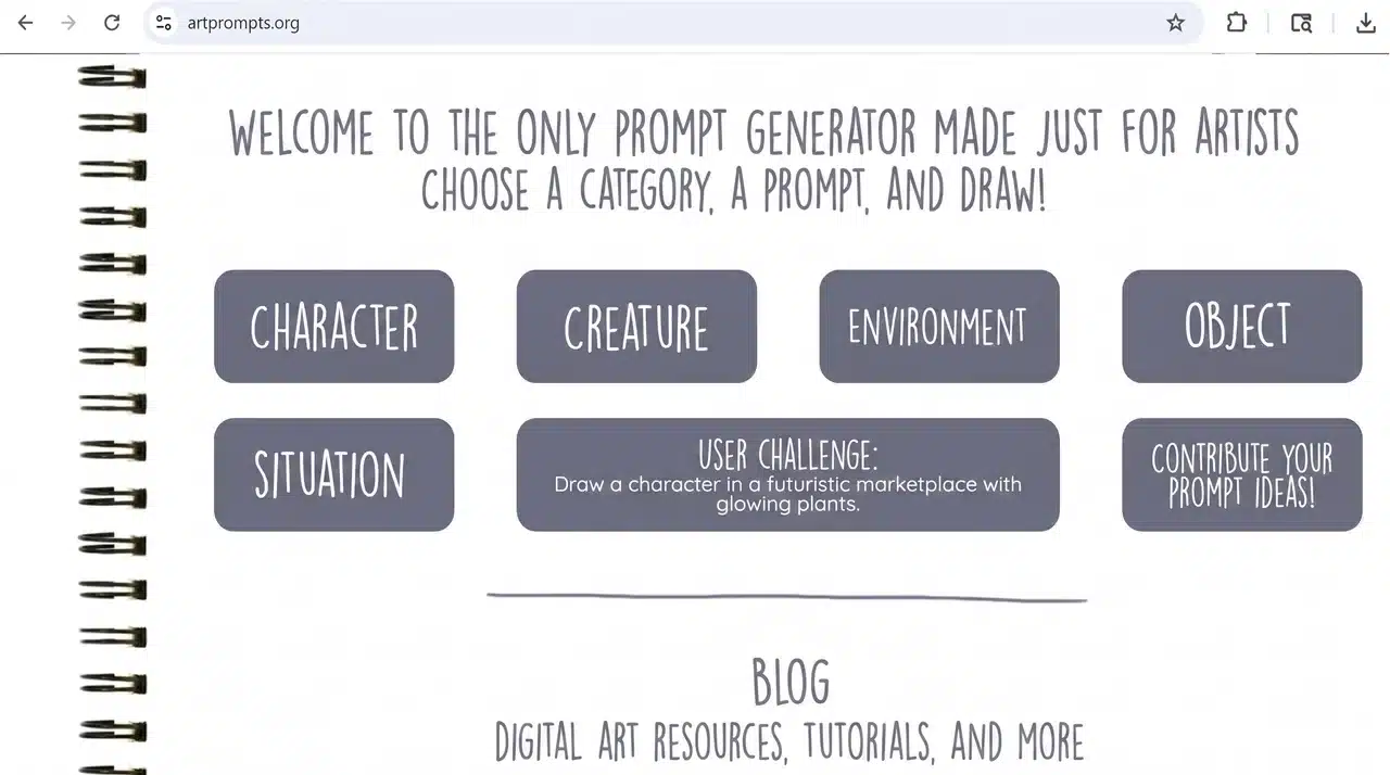 ArtPrompts.org website showing a sketchbook-style layout with six category buttons including Character, Creature, Environment, and Object, with a user challenge prompt reading