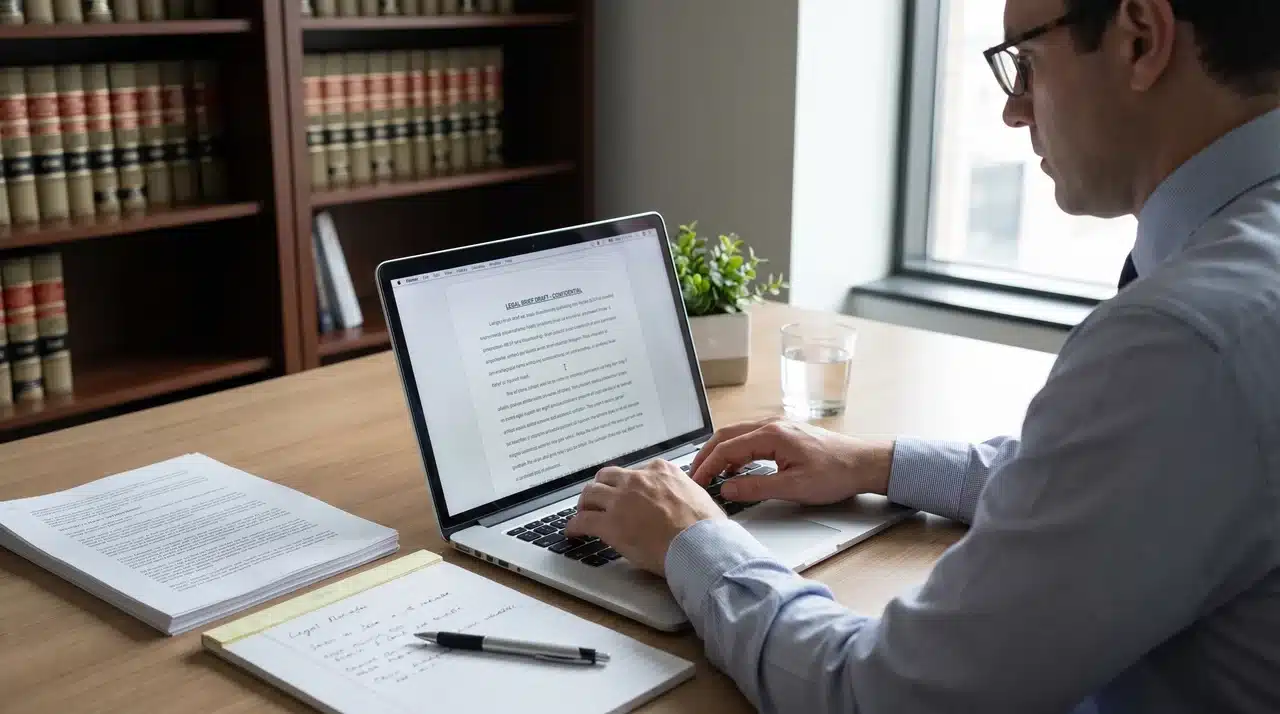 Lawyer typing on a laptop with legal documents on desk in a modern law office