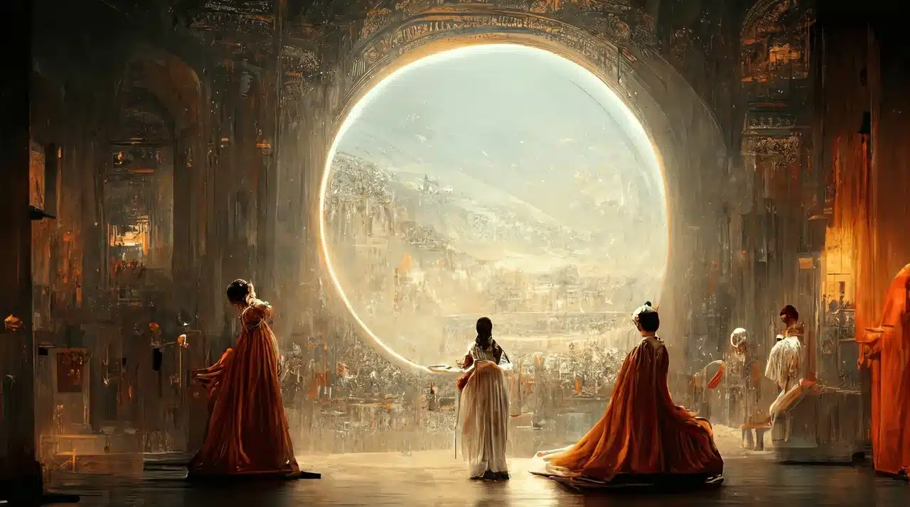 Three robed figures in amber cloaks standing before a massive glowing circular portal revealing a luminous ancient cityscape in a grand ornate hall.