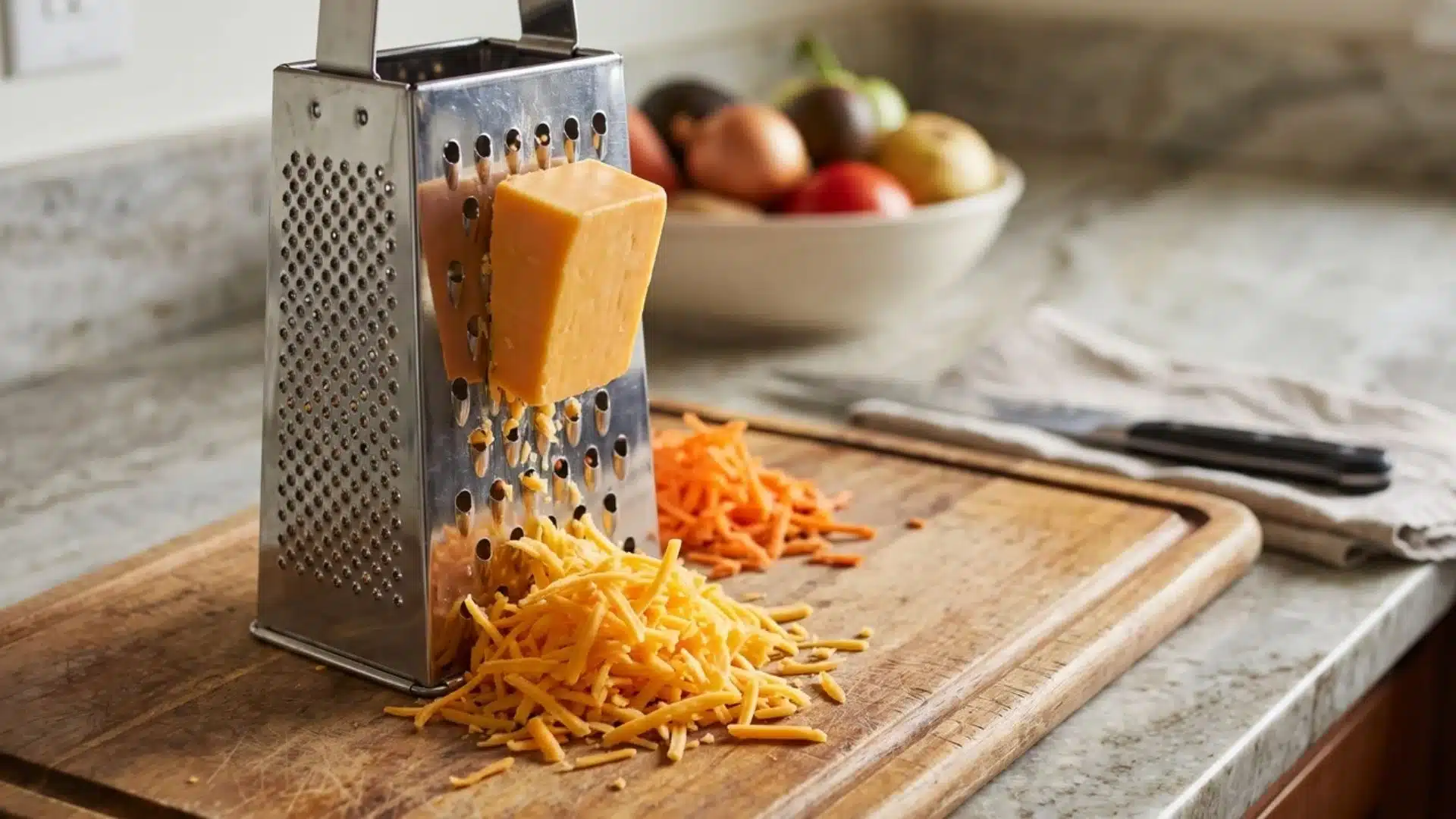 box grater used for shredding cheese on kitchen counter