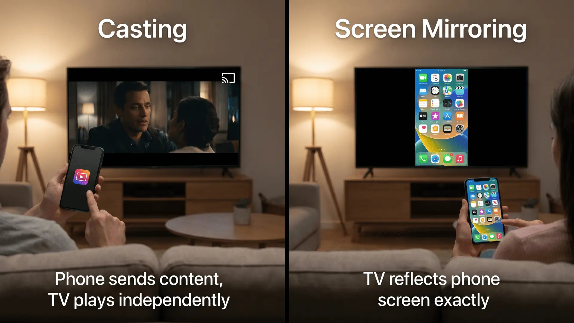 Split-screen of casting and screen mirroring with labeled partition and phone on table