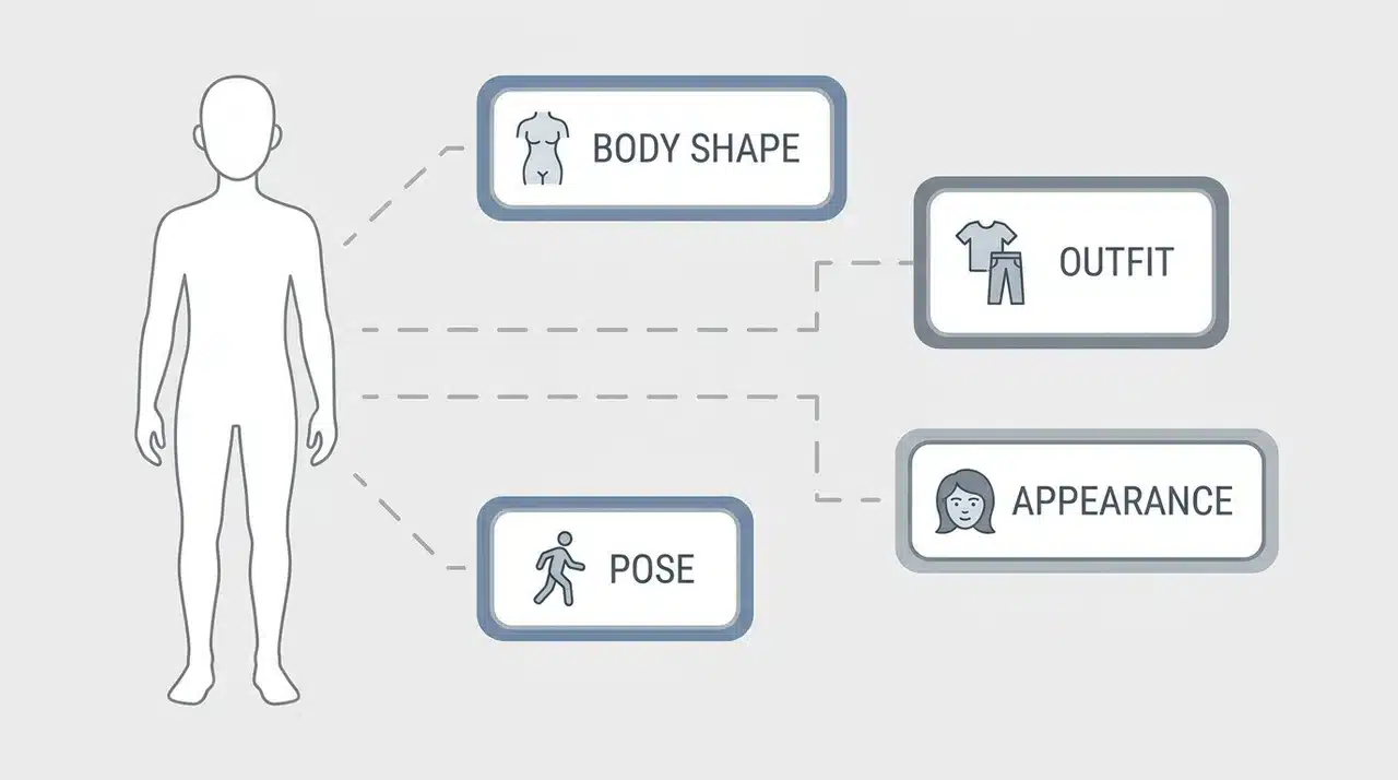 Humanoid outline figure with four floating attribute panels for body shape, outfit, pose, and appearance connected by short lines