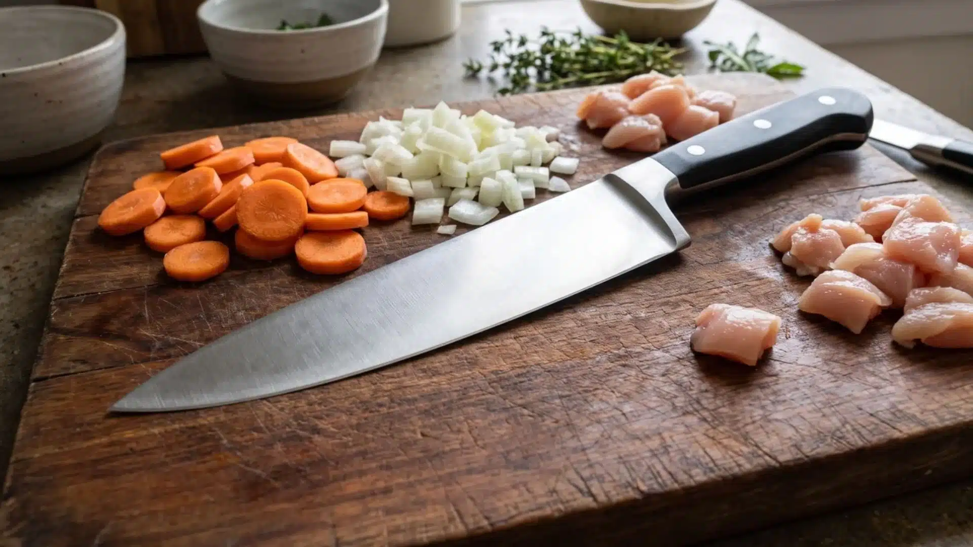 chef’s knife placed on cutting board for food preparation