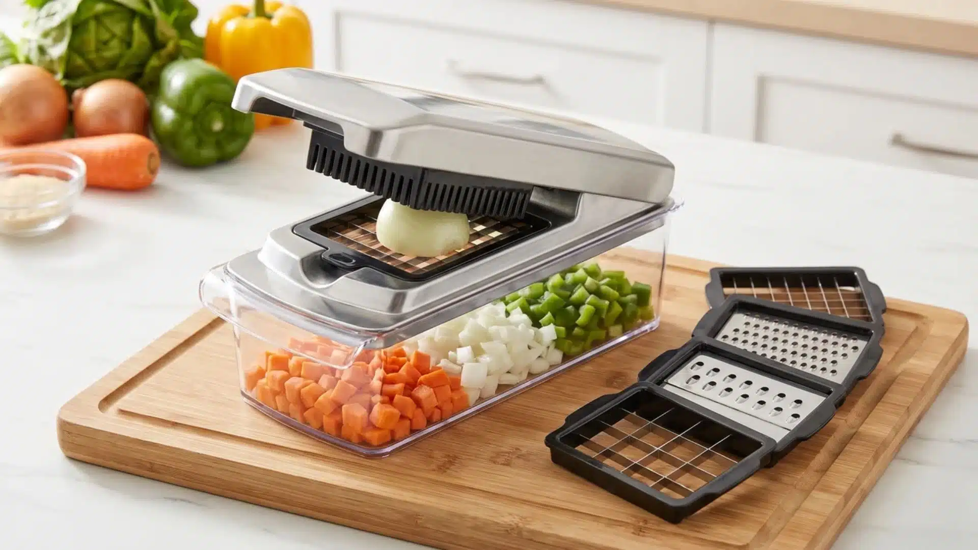 vegetable chopper with diced vegetables collected in tray